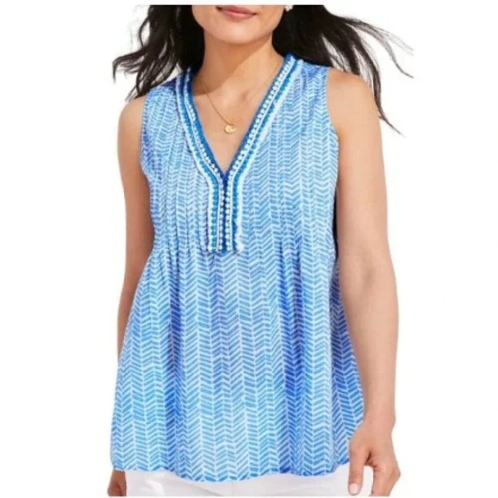 Vineyard Vines Chevron Geo Blue Pintuck Top Sleeveless Medium Cotton Boho EUC